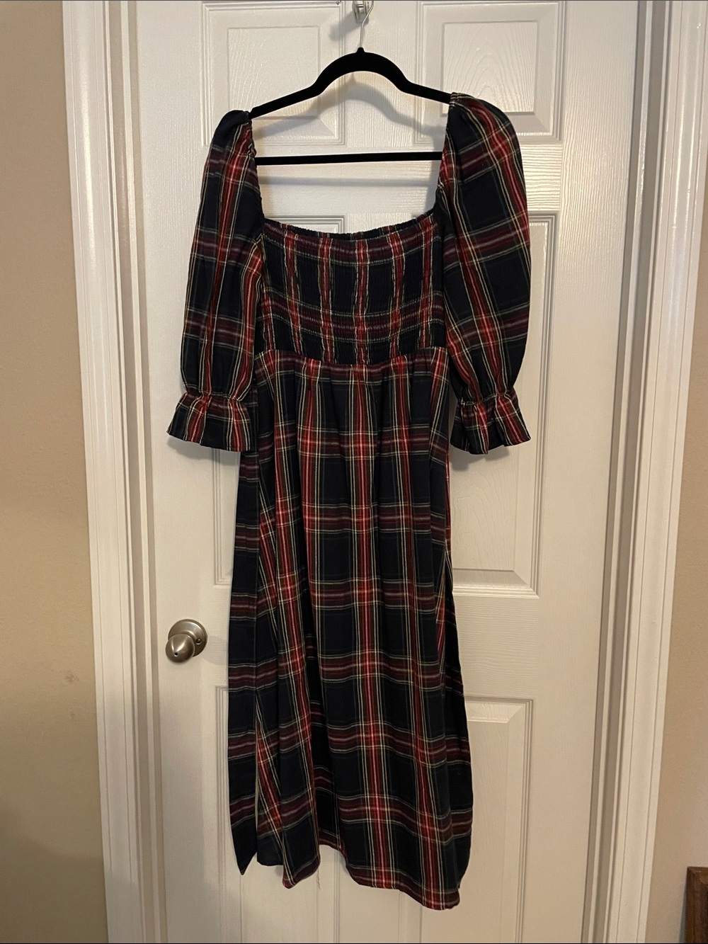 Plaid Square-Neck Midi Dress in Black and Red